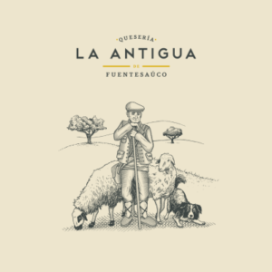 Logo Queseria La Antigua de Fuentesauco- imagen del logo, queso de oveja y un pastor con ovejas