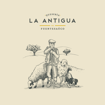 Logo Queseria La Antigua de Fuentesauco- logo image, sheep cheese and a shepherd with sheep